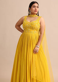 Sweetheart Neck Yellow Embroidered Anarkali Suit With Choker Dupatta