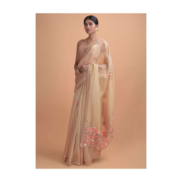 Tan Beige Saree In Organza Silk With Thread Embroidered Floral Buttis Online - Kalki Online