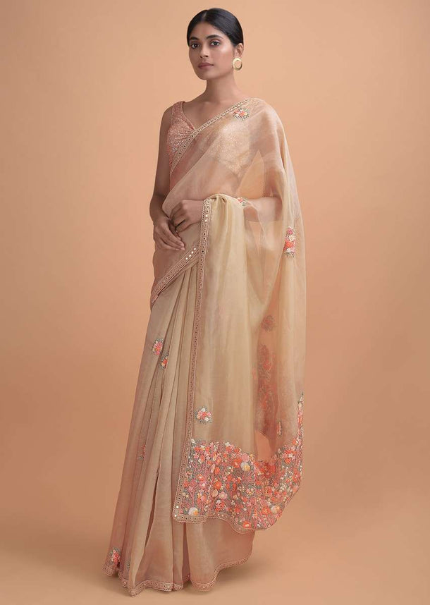 Tan Beige Saree In Organza Silk With Thread Embroidered Floral Buttis Online - Kalki Online