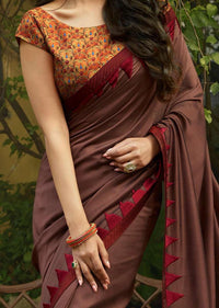Tan Brown Saree In Dupion Silk With Printed Patch work At Pallav Online - Kalki Fashion