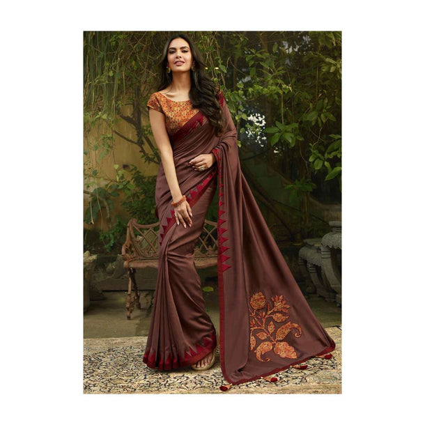 Tan Brown Saree In Dupion Silk With Printed Patch work At Pallav Online - Kalki Fashion