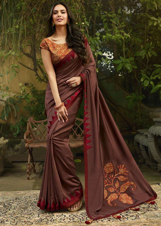 Tan Brown Saree In Dupion Silk With Printed Patch work At Pallav Online - Kalki Fashion