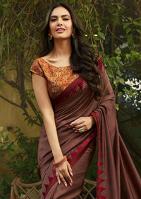 Tan Brown Saree In Dupion Silk With Printed Patch work At Pallav Online - Kalki Fashion