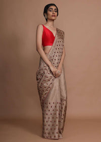 Tan Brown Saree In Silk With Resham Embroidered Floral Buttis