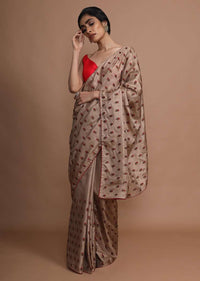 Tan Brown Saree In Silk With Resham Embroidered Floral Buttis