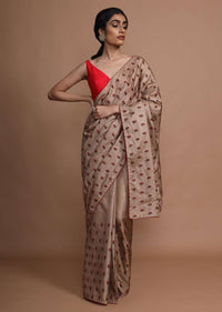 Tan Brown Saree In Silk With Resham Embroidered Floral Buttis