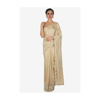 Tan cream saree with Chantilly lace and kundan embroidery only on Kalki