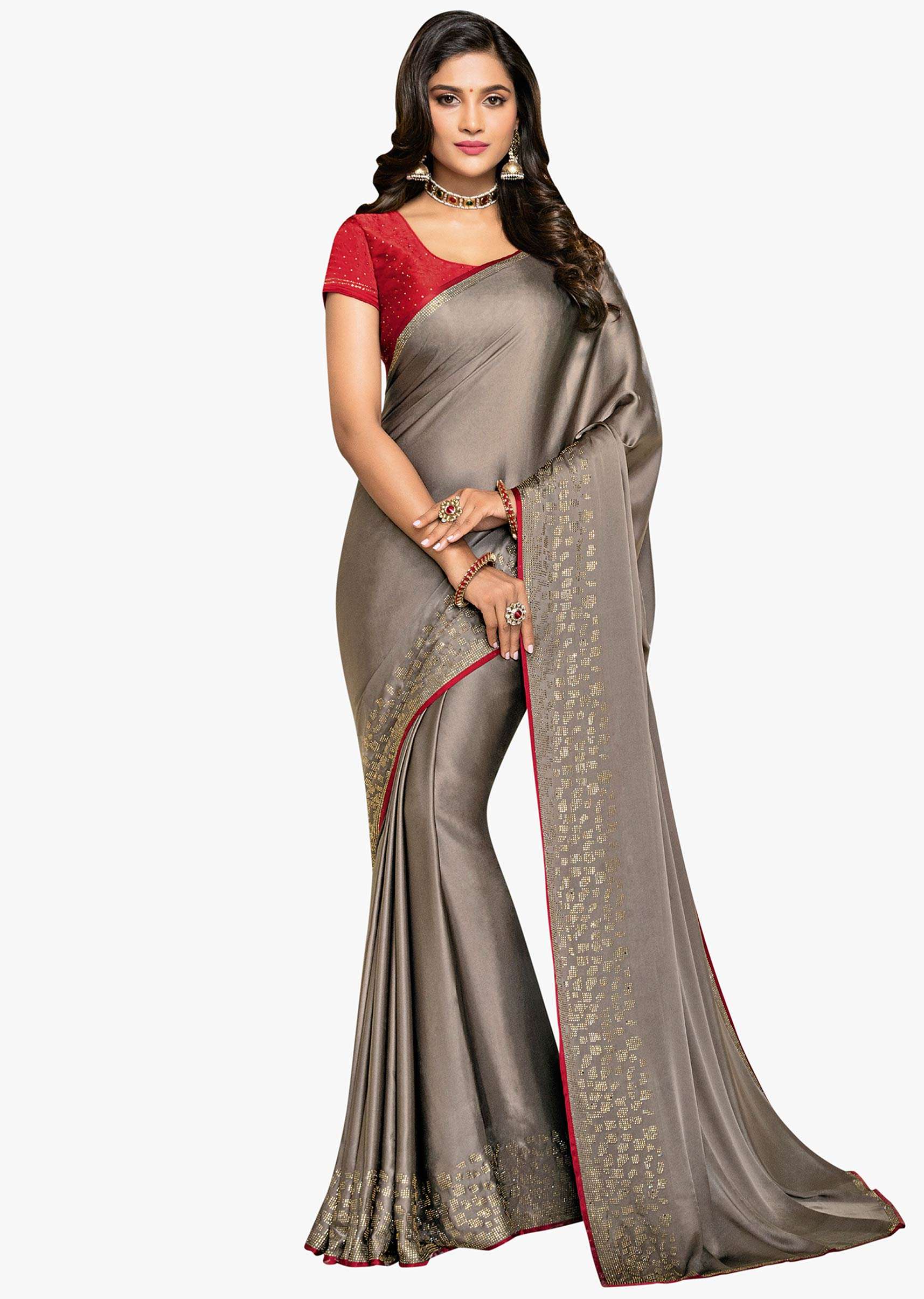 Tan grey Plain satin saree in kundan border only on Kalki 