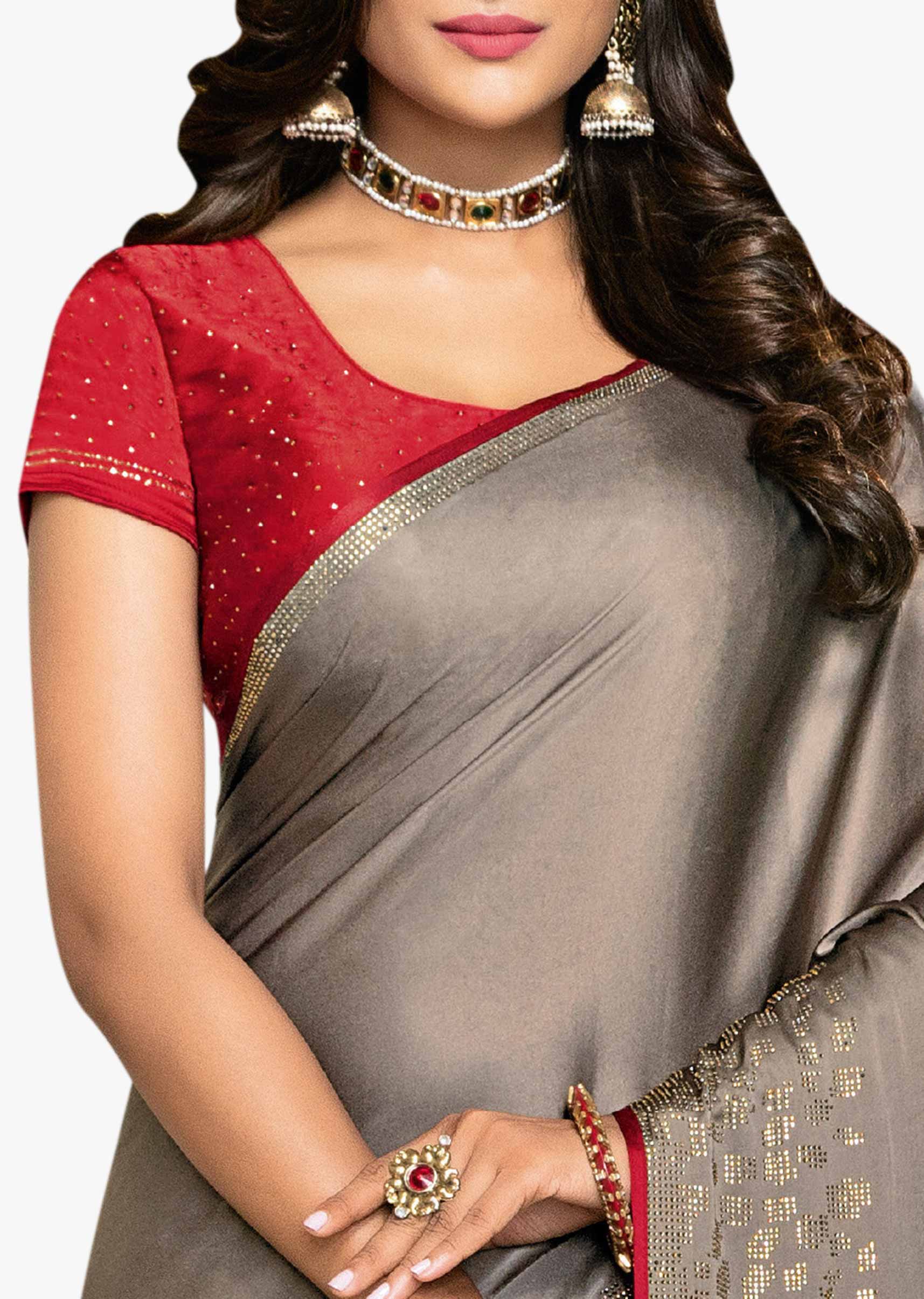 Tan grey Plain satin saree in kundan border only on Kalki 