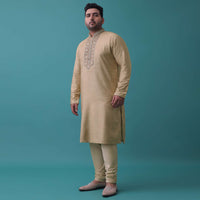 Tan Brown Thread Embroidered Kurta Set In Silk