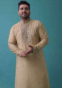 Tan Brown Thread Embroidered Kurta Set In Silk