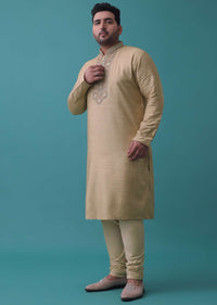 Tan Brown Thread Embroidered Kurta Set In Silk