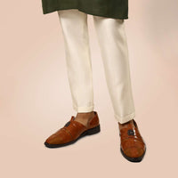 Tan Peshawari Footwear In Rexine And Suede Leather Embellished With A Brooch