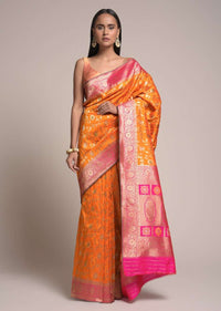 Tangerine Orange Saree In Silk With Woven Floral Jaal And Fuchsia Floral Border Online - Kalki Fashion