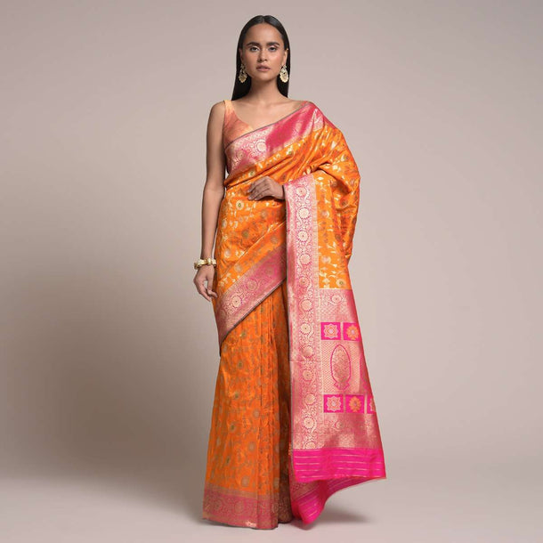 Tangerine Orange Saree In Silk With Woven Floral Jaal And Fuchsia Floral Border Online - Kalki Fashion