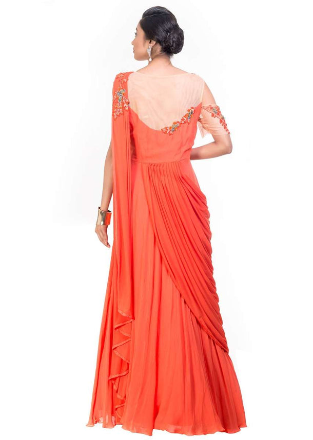 Tangerine Saree Drape Gown Online - Kalki Fashion