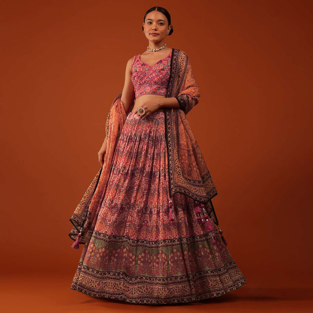 Tangerine Orange Ajrakh Printed Lehenga And Blouse Set In Chinon