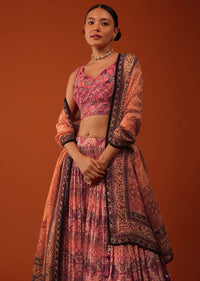 Tangerine Orange Ajrakh Printed Lehenga And Blouse Set In Chinon