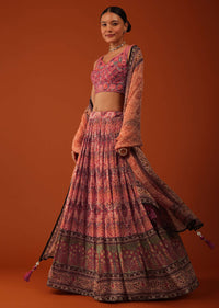 Tangerine Orange Ajrakh Printed Lehenga And Blouse Set In Chinon