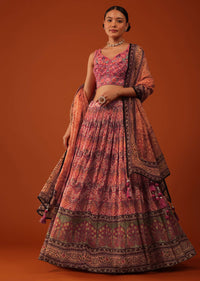 Tangerine Orange Ajrakh Printed Lehenga And Blouse Set In Chinon