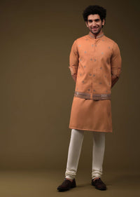 Tangerine Orange Festive Bandi Jacket Set In Silk With Mirror Embroidery