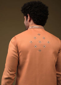 Tangerine Orange Festive Bandi Jacket Set In Silk With Mirror Embroidery