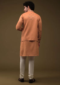 Tangerine Orange Festive Bandi Jacket Set In Silk With Mirror Embroidery
