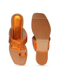 Tangerine Orange Kolhapuri Flats With Silver Hand Embroidery