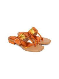 Tangerine Orange Kolhapuri Flats With Silver Hand Embroidery