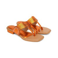 Tangerine Orange Kolhapuri Flats With Silver Hand Embroidery