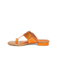 Tangerine Orange Kolhapuri Flats With Silver Hand Embroidery