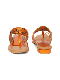 Tangerine Orange Kolhapuri Flats With Silver Hand Embroidery