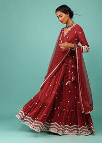 Apple Red Anarkali Kurta In Lucknowi Geometric Embroidery With Angrakha Pattern & Bottom Frill