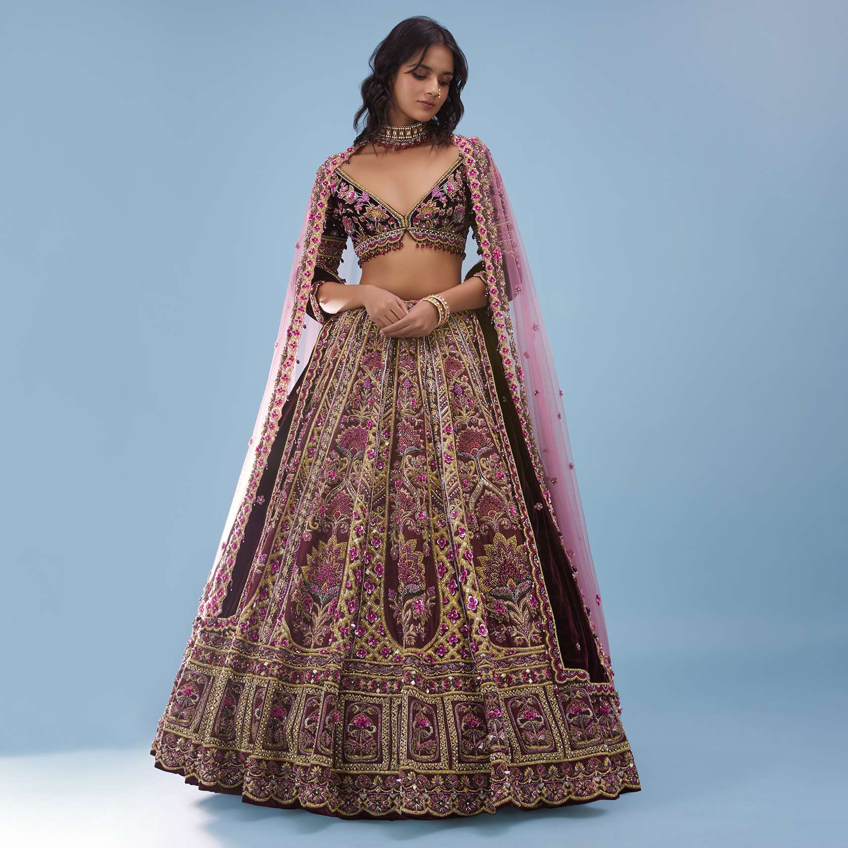 Tara Sutaria Accentuating Kalki Bridal Couture, Blood Red Heavily Embroidered Florid Lehenga Set - Noor 2022