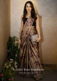 Ginger Grey Satin Saree With Floral Print And Purple Sequin Border