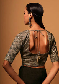 Taupe Brown Blouse In Raw Silk With Sequins Embroidery In Chevron Design Online - Kalki Fashion