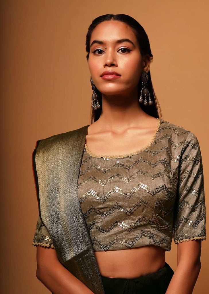 Taupe Brown Blouse In Raw Silk With Sequins Embroidery In Chevron Design Online - Kalki Fashion