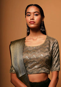 Taupe Brown Blouse In Raw Silk With Sequins Embroidery In Chevron Design Online - Kalki Fashion