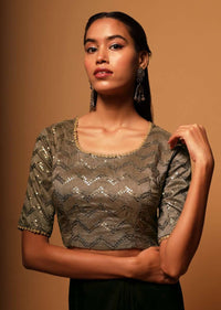 Taupe Brown Blouse In Raw Silk With Sequins Embroidery In Chevron Design Online - Kalki Fashion