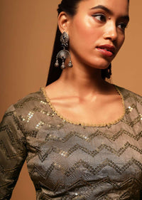 Taupe Brown Blouse In Raw Silk With Sequins Embroidery In Chevron Design Online - Kalki Fashion