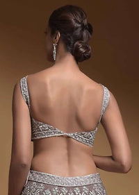 Taupe Grey Choli In Net Elaborately Hand Embellished With Cut Dana And Zari Work In Geometric Pattern