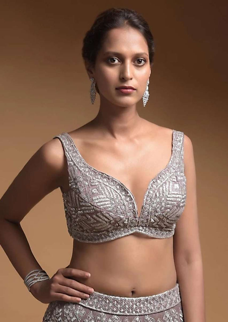 Taupe Grey Choli In Net Elaborately Hand Embellished With Cut Dana And Zari Work In Geometric Pattern