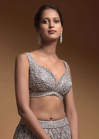 Taupe Grey Choli In Net Elaborately Hand Embellished With Cut Dana And Zari Work In Geometric Pattern