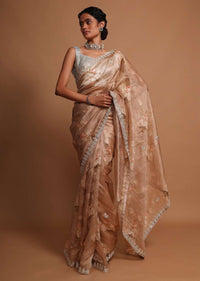 Taupe organza saree with floral digital  print and gotta embroidery Online - Kalki Fashion