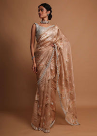 Taupe organza saree with floral digital  print and gotta embroidery Online - Kalki Fashion