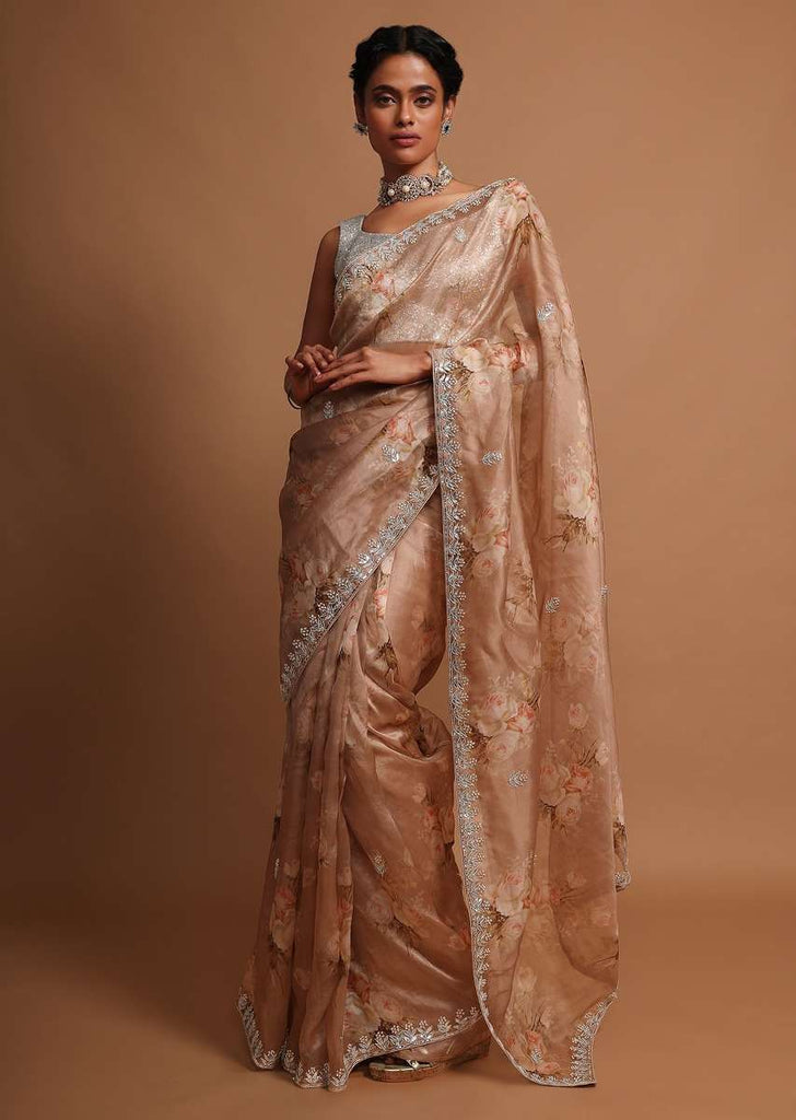 Taupe organza saree with floral digital  print and gotta embroidery Online - Kalki Fashion