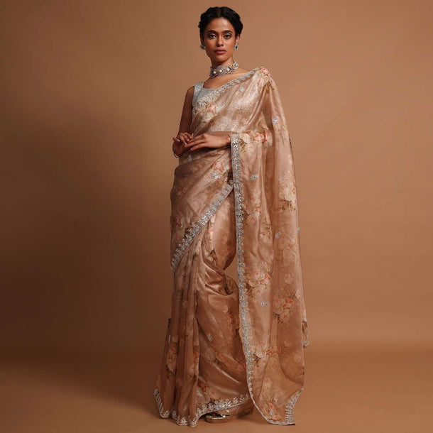 Taupe organza saree with floral digital  print and gotta embroidery Online - Kalki Fashion