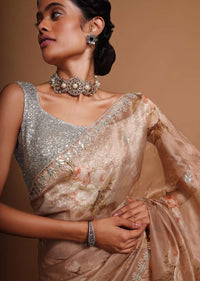 Taupe organza saree with floral digital  print and gotta embroidery Online - Kalki Fashion