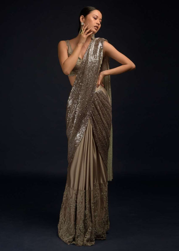 Taupe Ready Pleated Saree In Milano And Beads Embellished Net With Matching Crop Top Adorned In Floral Embroidery Online - Kalki Fashion