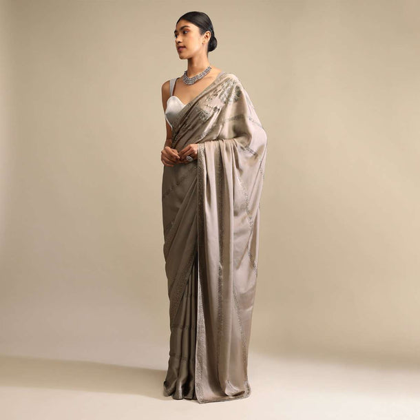 Taupe Saree In Satin With Kunan Embellished Stripes And Unstitched Blouse Online - Kalki Fashion